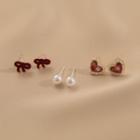 3 Pair Set: Faux Pearl / Heart / Bow Earring Set - Red & White - One Size