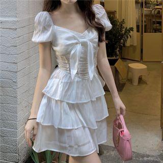 Puff-sleeve Plain Bow Layer Dress