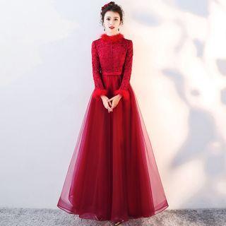 Long-sleeve Fluffy Trim Mesh A-line Evening Gown
