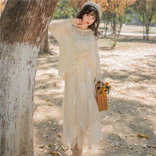 Plain Camisole / Pointelle Sweater / Feather Embroidered Midi Mesh Skirt / Set