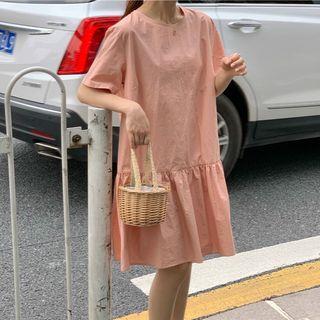 Ruffle Hem Short-sleeve A-line Dress Pink - One Size