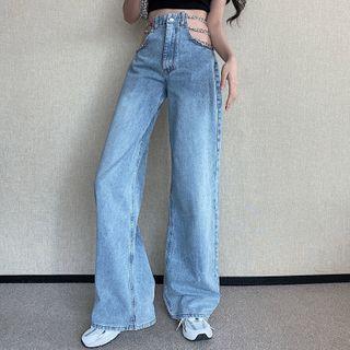 High-waist Chain-accent Straight-cut Jeans