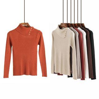 Mock-neck Button-detail Long-sleeve Knit Top