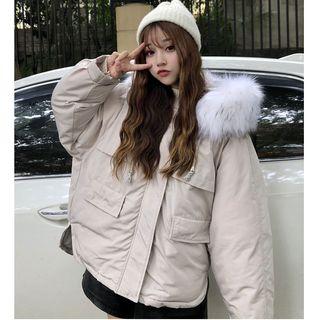 Furry-trim Hooded Zip Padded Jacket Almond - One Size