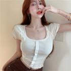 Square-neck Short-sleeve Button-up Ribbed Top