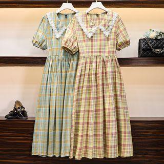 Lace Trim Collar Plaid Short-sleeve Midi A-line Dress