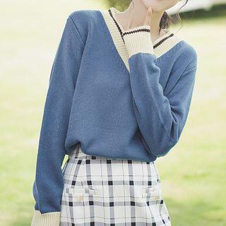 V-neck Color Block Sweater Blue - One Size