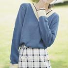 V-neck Color Block Sweater Blue - One Size