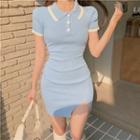 Short-sleeve Polo-neck Ribbed Knit Mini Sheath Dress