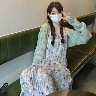 Spaghetti Strap Floral Print Shirred Dress / Pointelle Knit Cardigan