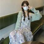 Spaghetti Strap Floral Print Shirred Dress / Pointelle Knit Cardigan