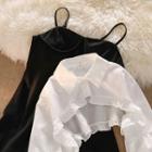 Long-sleeve Frill Trim Cropped Blouse / Spaghetti Strap A-line Dress