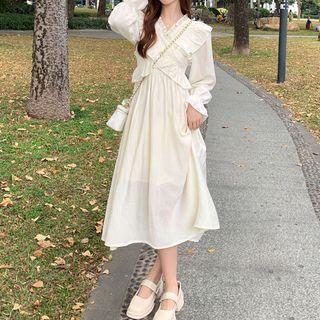 Short-sleeve V-neck Ruffle Trim Panel Plain Dress