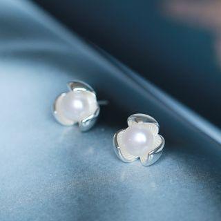 925 Sterling Silver Flower Freshwater Pearl Stud Earrings