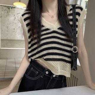 V-neck Striped Knit Tank Top Almond - One Size