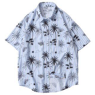 Short-sleeve Striped Tree Print Shirt