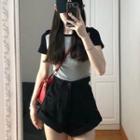 Short-sleeve Raglan T-shirt / Denim Hot Pants / Set