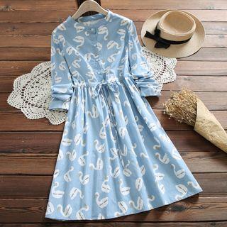 Swan Printed Long-sleeve Tie-waist Dress