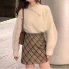 Polo-neck Asymmetric Sweater / Argyle Print A-line Skirt