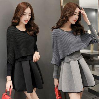 Set: Batwing Sleeve Plain Sweater + A-line Skirt
