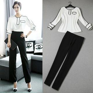 Set: Contrast Trim Blouse + Regular-fit Pants