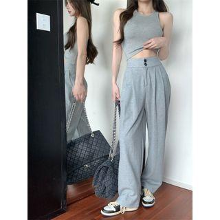 Plain Tank Top / High-waist Plain Loose-fit Pants