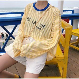 Long-sleeve Lettering Pinstriped T-shirt