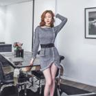 Long-sleeve Ribbon-waist Mini Knit Dress