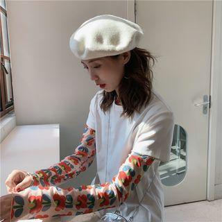 Flower Print Long-sleeve Mesh Top Red - One Size