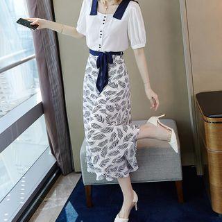 Set: Short-sleeve Contrast Collar Blouse + Cropped Leaf Print Wide-leg Chiffon Pants