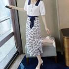 Set: Short-sleeve Contrast Collar Blouse + Cropped Leaf Print Wide-leg Chiffon Pants