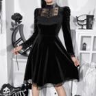 Long-sleeve Mock-neck Lace Panel A-line Dress