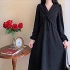 Long-sleeve V-neck Knot Dress