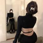 Mock-neck Plain Open Back Ripped Cropped Sweater Black - One Size
