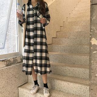 Check Long-sleeve Loose-fit Shirtdress As Figure - One Size