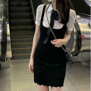 Mock Two-piece Short-sleeve Collared Bow Mini Bodycon Dress White & Black - One Size
