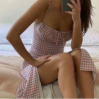 Gingham Spaghetti-strap Slit Midi Dress