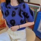 Round-neck Leopard Printed Short-sleeve Knitted Crop Top