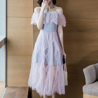 Off-shoulder A-line Midi Mesh Dress
