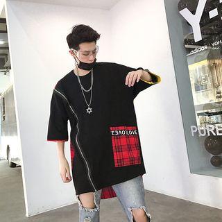 Couple Matching Elbow-sleeve Plaid Paneled T-shirt