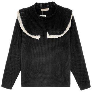 Long-sleeve Ruffle Trim Knit Sweater Black - One Size