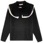 Long-sleeve Ruffle Trim Knit Sweater Black - One Size
