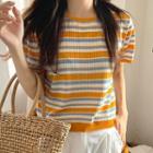 Short-sleeve Striped Knit Top Yellow & Blue & White - One Size