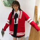 Open-front Contrast-trim Cardigan / Plain Shirt / Mini A-line Pleated Skirt