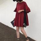 Elbow-sleeve Frill Trim Shift Dress