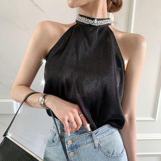 Halter-neck Rhinestone Sleeveless Blouse