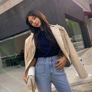 Peaked-lapel Tassel-trim Pleather Jacket
