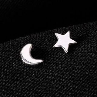 Moon & Star Sterling Silver Asymmetrical Earring 1 Pair - Silver - One Size