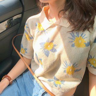 Elbow-sleeve Collared Flower Print Knit Top