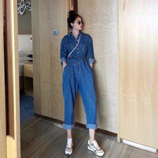 Long-sleeve Straight-leg Denim Cargo Jumpsuit